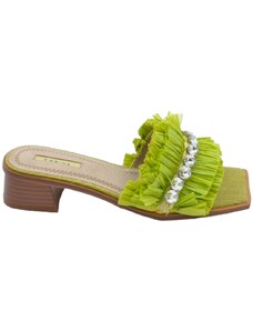 Malu Shoes Pantofoline donna mule verde lime con drappeggi e strass voluminosa colorata punta quadrata morbide tacco largo 3 cm