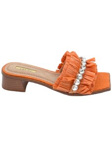 Malu Shoes Pantofoline donna mule arancione con drappeggi e strass voluminosa colorata punta quadrata morbide tacco largo 3 cm