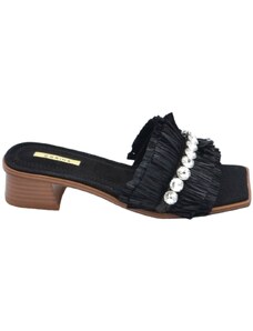 Malu Shoes Pantofoline donna mule nera con drappeggi e strass voluminosa colorata punta quadrata morbide tacco largo 3 cm