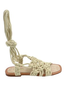 Malu Shoes Sandalo basso ragnetto donna estivo beige raso terra con fascia unica intreccio avampiede e lacci alla schiava