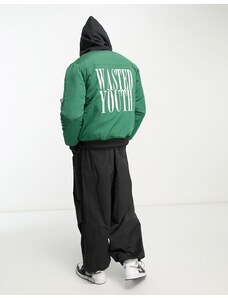WESC - Giacca bomber verde con logo e stampa "Wasted youth"