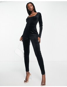 Threadbare - Gina - Tuta jumpsuit nera in velour con scollo squadrato-Nero
