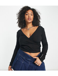 Calvin Klein Jeans Plus - Top a maniche lunghe nero a portafoglio a coste