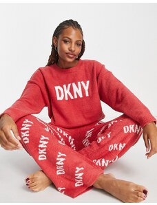 DKNY - Completo da casa premium rosso in maglia bouclé composto da top con logo e pantaloni a fondo ampio