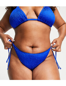 Esclusiva South Beach Curve - Slip bikini in tessuto stropicciato blu con allacciatura laterale