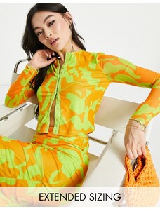 Vero Moda x Joann Van Den Herik - Top a maniche lunghe in rete con cuciture a vista arancione con stampa verde lime