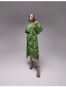 Topshop - Vestito midi raccolto in vita verde con stampa e orlo a fazzoletto