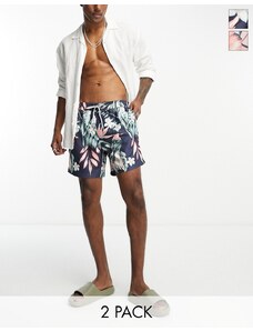 Threadbare - Confezione da 2 pantaloncini da bagno blu navy e rosa con stampa tropicale