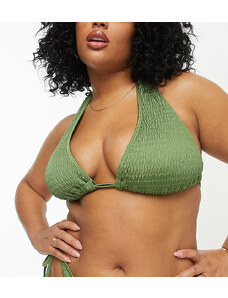 Esclusiva South Beach Curve - Top bikini a triangolo allacciato al collo in tessuto stropicciato kaki-Verde