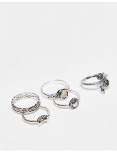 ASOS DESIGN - Confezione da 5 anelli color argento brunito con design vintage con pietre
