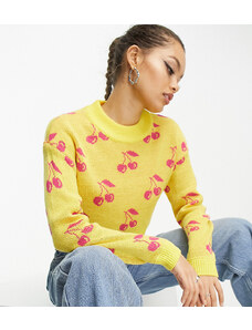 Noisy May Petite - Maglione giallo con scollo rotondo con stampa ciliegie rosa-Multicolore