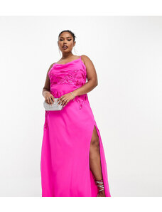 Hope & Ivy Plus - Vestito lungo decorato rosa acceso con scollo ad anello