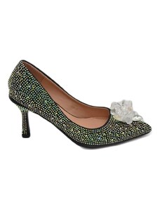 Malu Shoes Decolette' scarpa donna gioiello spilla cristallo di ghiaccio nero in punta tacco sottile 8 cm elegante evento