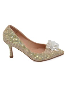 Malu Shoes Decolette' scarpa donna gioiello spilla cristallo di ghiaccio dorato in punta tacco sottile 8 cm elegante evento