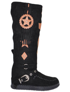 Malu Shoes Stivali donna indianini nero al ginocchio con frange zeppa interna 5 cm e stemma scamosciati alti moda ibiza