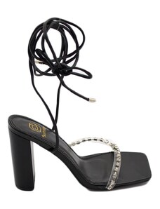 Malu Shoes Sandalo donna gioiello open toe nero intrecciato tacco doppio 10 strass luccicanti cerimonia lacci alla caviglia