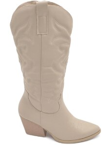 Malu Shoes Stivali texani camperos donna lavorati beige chiaro al ginocchio con tacco 7 cm western tinta unita moda zip