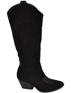 Malu Shoes Stivali texani camperos donna lisci in camoscio nero al ginocchio con tacco legno 7 cm western moda zip