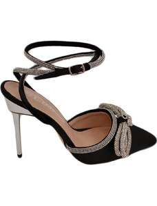 Malu Shoes Decollete' donna gioiello elegante fiocco strass in raso nero con tacco a spillo 120 e cinturino scintillante moda
