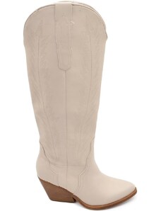 Malu Shoes Stivali donna camperos texani stile western beige con cucitura in rilievo tinta unita tacco 5 cm altezza polpaccio