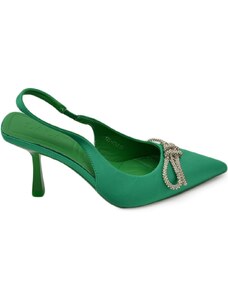Malu Shoes Decollete' donna gioiello elegante fiocco strass in raso verde con tacco a spillo 80 cinturino alla caviglia fisso moda
