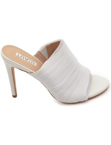 Malu Shoes Sandali donna mules pantofole in tessuto plissettato bianco tulle e tacco sottile 12 cm moda tendenza