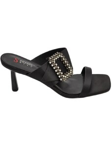 Malu Shoes Sandalo donna nero mules sabot in raso con tacco sottile 10 doppia fascia con fibbia oro moda estate