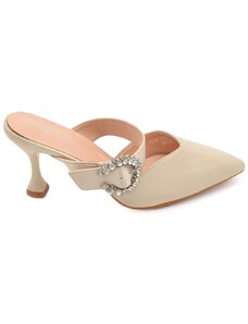 Malu Shoes Decollete' donna tacco sottile 8 comfort beige in raso open toe con accessorio argento morbido moda glamour evento