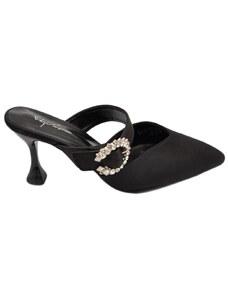 Malu Shoes Decollete' donna tacco sottile 8 comfort nero in raso open toe con accessorio argento morbido moda glamour evento