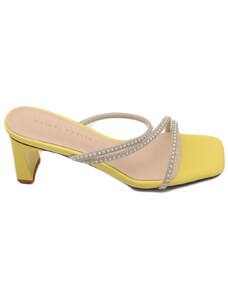 Malu Shoes Sandali mules donna giallo gioiello con tacco squadrato largo 5 cm 3 fasce di strass moda eleganti cerimonia comodo
