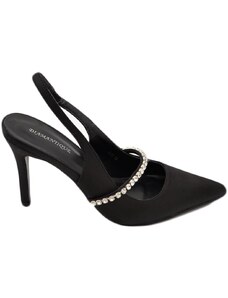 Malu Shoes Scarpe decollete mules donna elegante punta in raso nero tacco 10 cerimonia open toe dettaglio strass