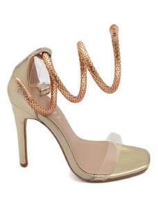Malu Shoes Sandali tacco oro donna con fasce trasparenti tacco 12 a spillo e accessorio serpente alla schiava in metallo champagne