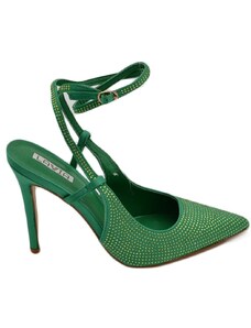Malu Shoes Scarpe decollete donna elegante punta in tessuto verde bosco tacco sottile 12 cerimonia con chiusura caviglia regolabile