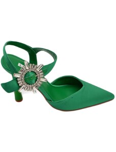 Malu Shoes Decollete' scarpadonna gioiello in raso verde applicazione spilla cinturino alla caviglia tacco a spillo 10 comode