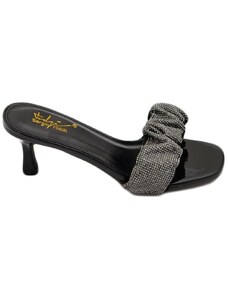 Malu Shoes Sandalo gioiello nero donna tacco sottile 7 cm fascia arricciata di strass luccicanti cerimonia evento open toe