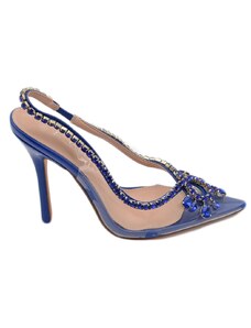 Malu Shoes Scarpe decollete' donna completamente trasparenti con gioiello in punta e cinturino strass blu tacco a spillo 12 cm