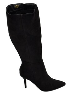 Malu Shoes Stivale alto donna nero in ecopelle scamosciato morbido al polpaccio tacco a spillo 8cm con zip e punta moda