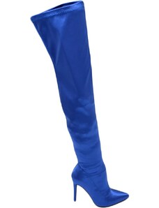 Malu Shoes Stivale donna a punta alto in raso elastico bluette sopra al ginocchio tacco a spillo 12 cm semilucido aderente con zip