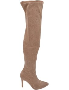 Malu Shoes Stivale donna a punta alto sopra al ginocchio camoscio beige ricoperto di strass tacco a spillo 12 cm aderente con zip