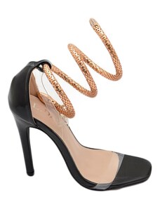 Malu Shoes Sandali tacco donna con fasce trasparenti tacco 12 a spillo e accessorio serpente alla schiava in metallo nero