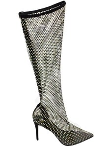 Malu Shoes Stivale alto strike completamente trasparente in rete e strass con tacco a spillo 12 cm elastico aderente al ginocchio