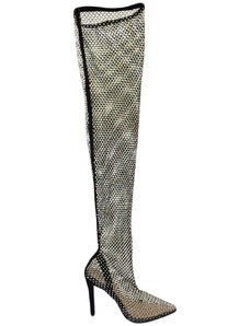 Malu Shoes Stivale alto strike completamente trasparente in rete e strass con tacco spillo 12 cm elastico aderente sopra ginocchio