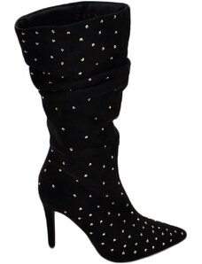 Malu Shoes Tronchetti donna a punta alto meta' polpaccio in camoscio nero ricoperto di strass tacco a spillo 12 cm morbido con zip