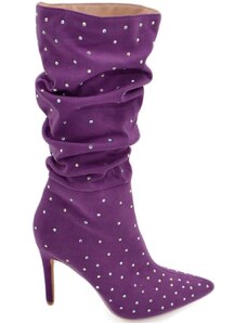 Malu Shoes Tronchetti donna a punta alto meta' polpaccio in camoscio viola ricoperto di strass tacco a spillo 12 cm morbido con zip