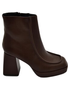 Malu Shoes Tronchetto donna platform marrone punta quadrata con bordo in rilievo zip laterale tacco grosso 10 e plateau 3 cm