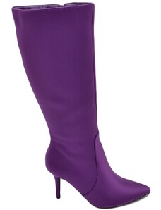 Malu Shoes Stivale alto viola donna in raso effetto calzino con tacco a spillo 12 aderente con zip a punta moda cerimonia