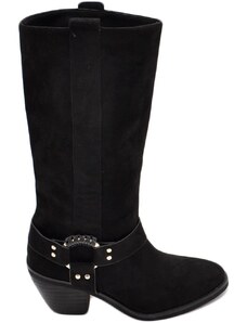 Corina Stivali camperos donna in camoscio nero al polpaccio lisci con fibbia tacco Texano 4 cm con zip western