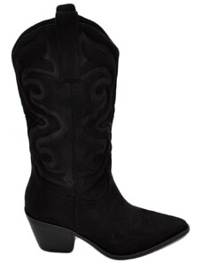 Malu Shoes Stivali texani camperos donna lavorati neri in camoscio al ginocchio con tacco 7 cm western tinta unita moda zip