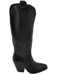 Malu Shoes Stivali camperos donna in ecopelle rigida nera altezza ginocchio lisci con tacco Texano legno 7 cm western moda zip