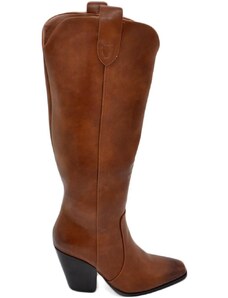 Malu Shoes Stivali camperos donna in ecopelle rigida cuoio altezza ginocchio lisci con tacco Texano legno 7 cm western moda zip